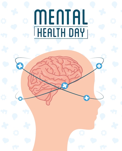 Cartão do dia da saúde mental com perfil de cabeça e cérebro