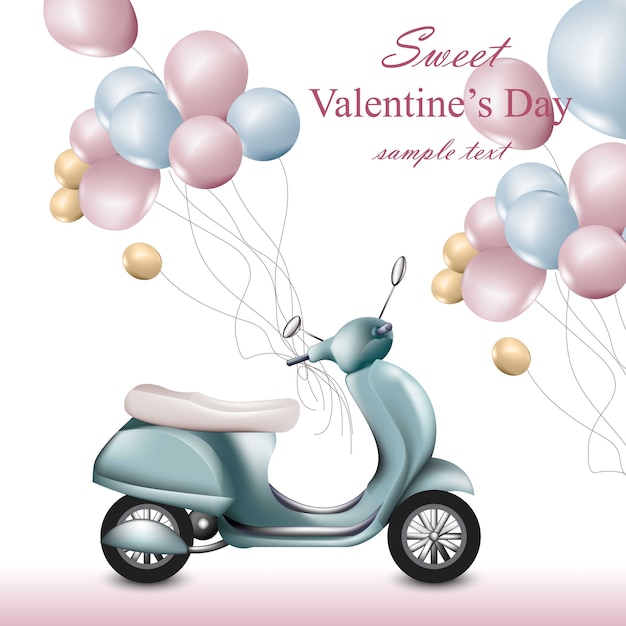 Cartão do dia dos namorados com scooter e balões vector. cartão romântico
