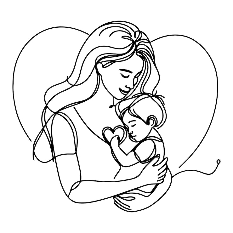 Vetor cartão do dia internacional da mulher mulher segurando seu filho no coração com um desenho contínuo de linha de contorno preto feliz dia das mães bandeira ilustração vetorial de estilo doodle