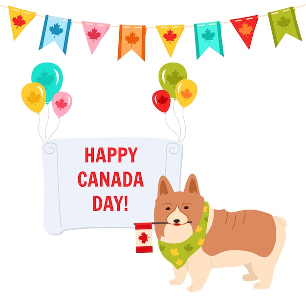 Cartão do feliz dia do canadá, cachorro de estimação com bandeira, balão e banner engraçado cachorro patriota canadense corgi