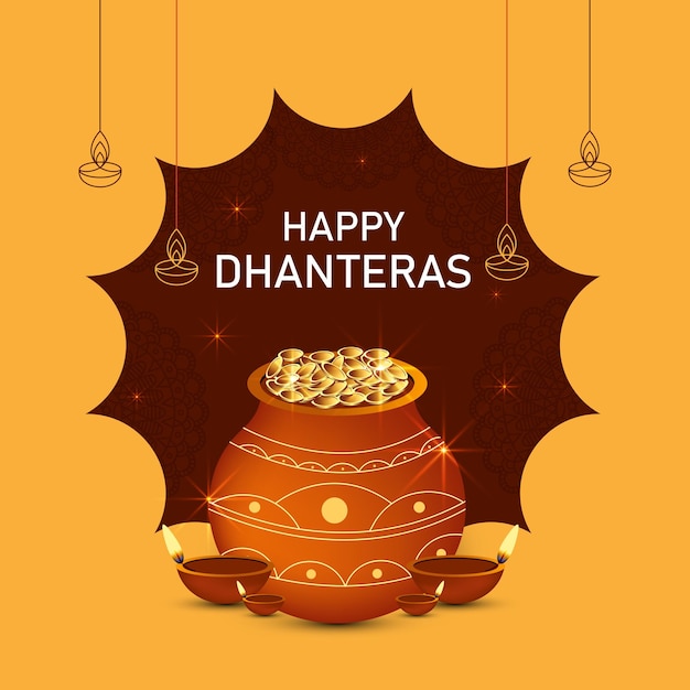 Cartão do feliz festival de dhanteras com diya e pote de moedas de ouro