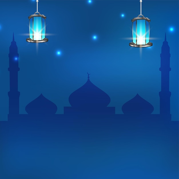 Cartão do festival islâmico com lanternas árabes iluminadas pendurar e copiar espaço no fundo da mesquita silhueta efeito de luzes azuis