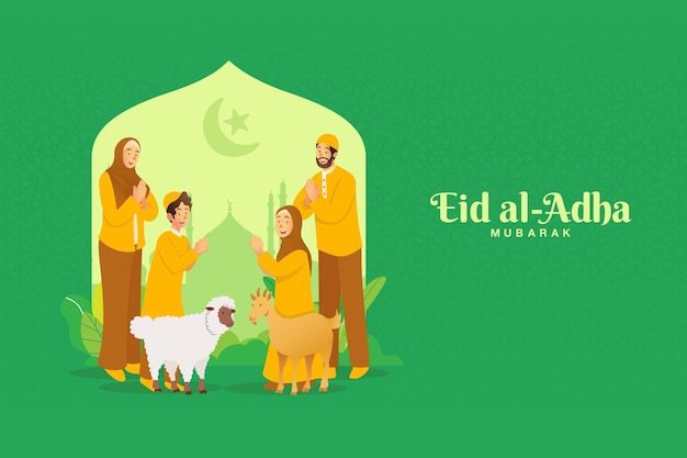 Cartão eid al adha. desenho animado da família muçulmana celebrando o eid al adha com uma cabra e uma ovelha como animal de sacrifício