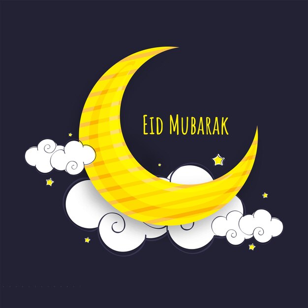 Cartão eid mubarak com lua crescente estrelas nuvens decoradas em fundo azul acinzentado escuro