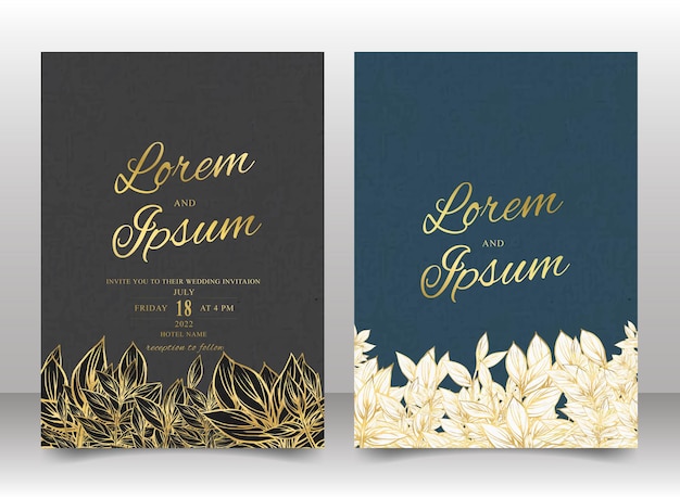 Cartão elegante de convite de casamento com flor e folhagem de ouro