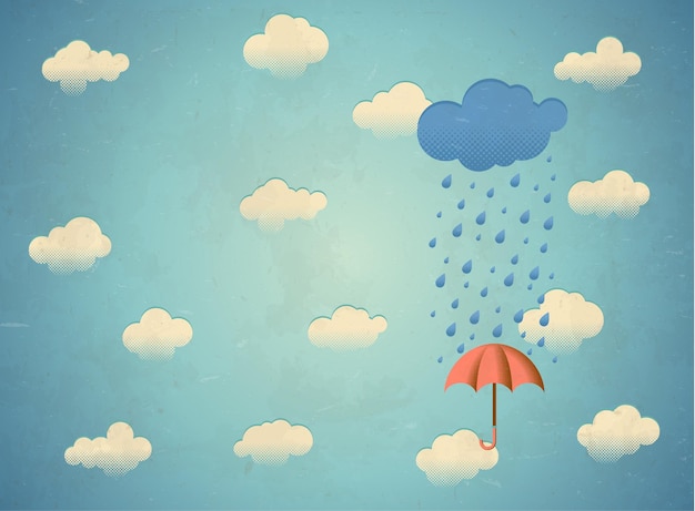 Vetor cartão envelhecido com nuvem chuvosa e guarda-chuva