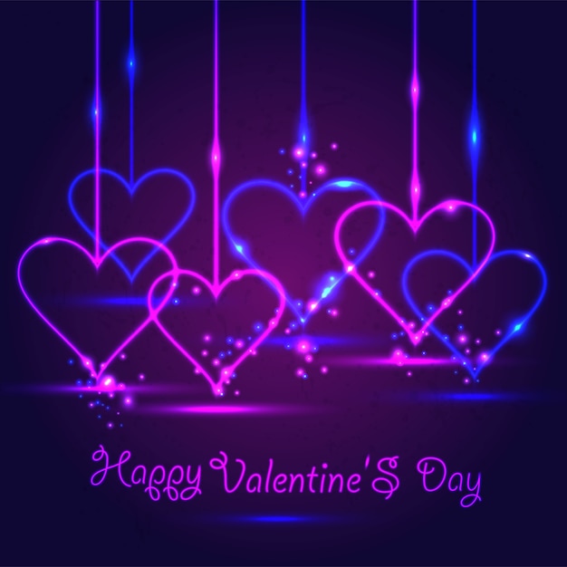 Cartão feliz do dia do valentim no néon no fundo violeta escuro.