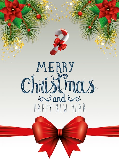 Cartão feliz natal com fita de laço e decoração