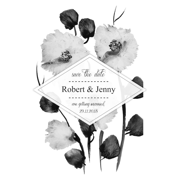 Cartão floral preto e branco do convite do casamento da aguarela