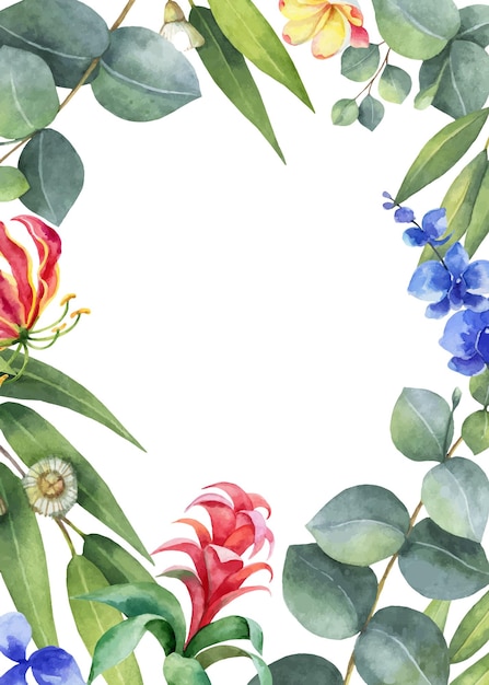 Cartão floral verde vetor aquarela com folhas de eucalipto flores roxas e galhos isolados em fundo branco