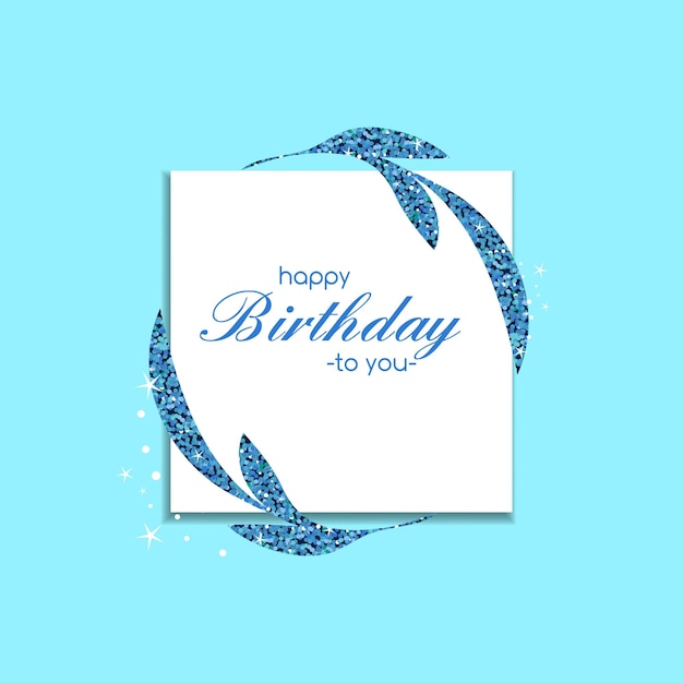 Cartão glitter feliz aniversário com folhas azuis
