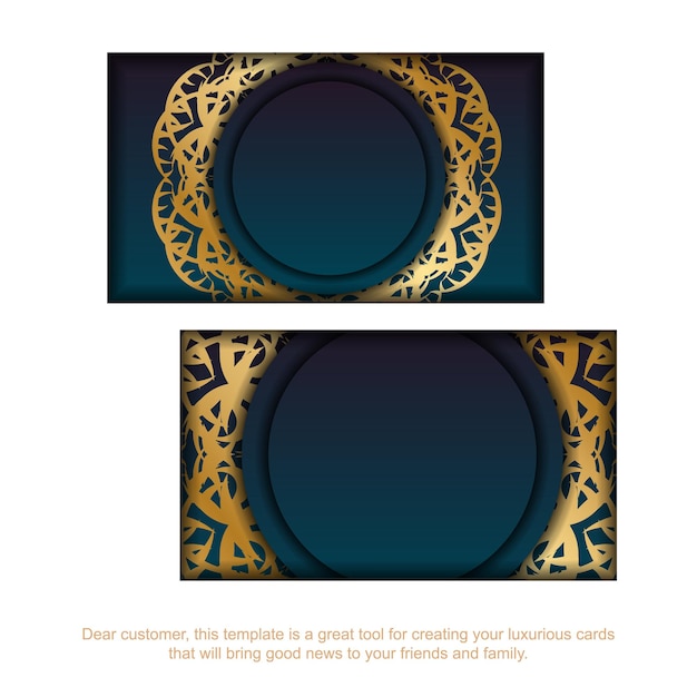 Cartão gradiente azul com padrão vintage ouro para a sua marca.