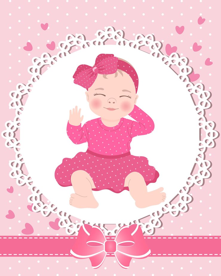 Vetor cartão infantil com uma linda menina em um modelo de renda com laço e corações.