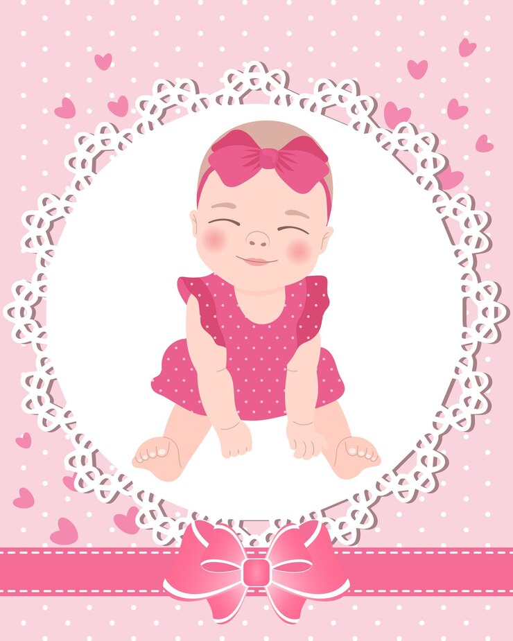 Vetor cartão infantil com uma linda menina em um modelo de renda com laço e corações.