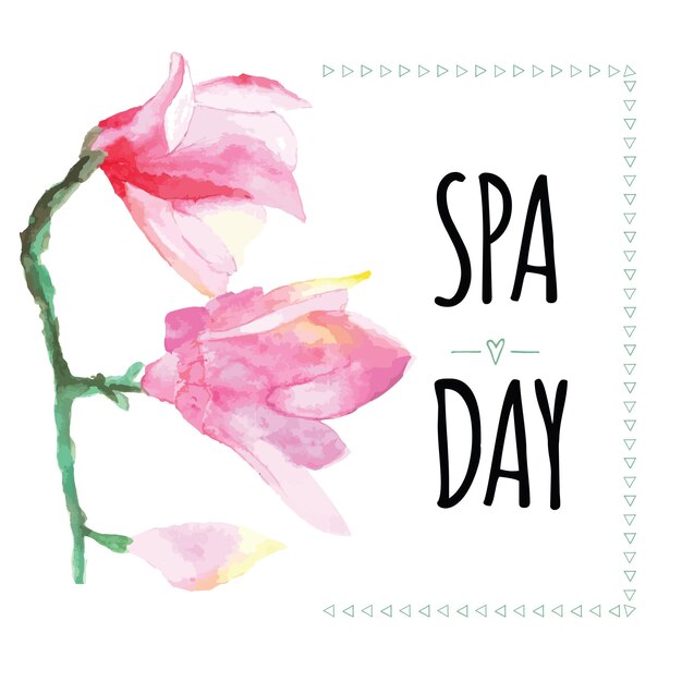 Cartão inspirador com citação SPA DAY Banner tipográfico com texto e flores pintadas à mão Vector crachá escrito à mão com delicado nenúfar Fundo de humor decorativo para salão SPA