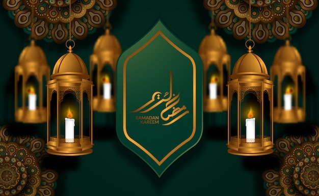 Cartão islâmico. Ilustração de padrão geométrico de mandala de mesquita com lanterna de fanoos de luxo dourado 3D com caligrafia de ramadan kareem
