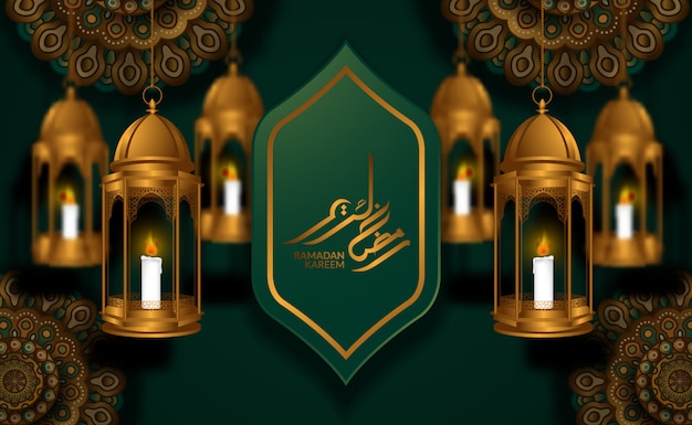 Cartão islâmico. ilustração de padrão geométrico de mandala de mesquita com lanterna de fanoos de luxo dourado 3d com caligrafia de ramadan kareem