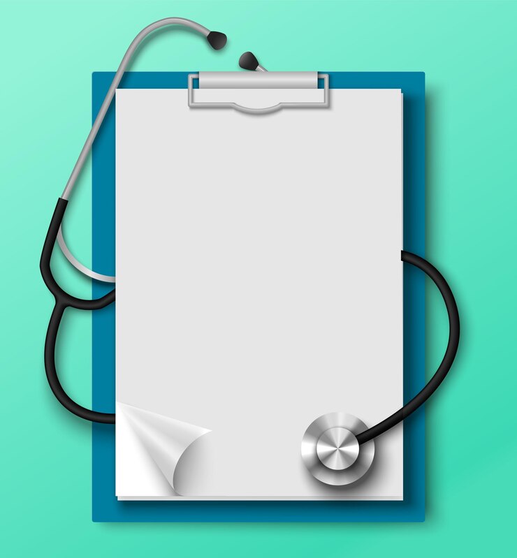 Vetor cartão médico com papel vazio em branco e estetoscópio