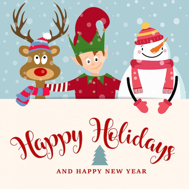 Cartão natal, com, duende, boneco neve, e, rena