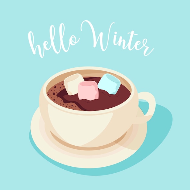 Cartão para natal olá inverno com uma caneca de chocolate quente