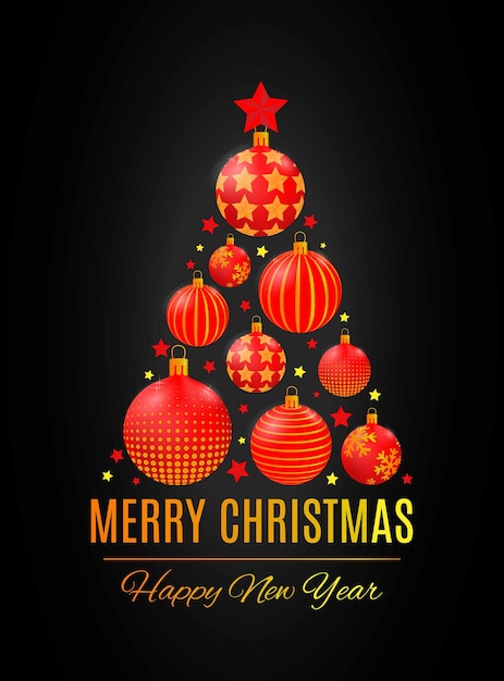 Cartão postal com árvore de natal em cores vermelhas e douradas com estrelas e bolas de natal