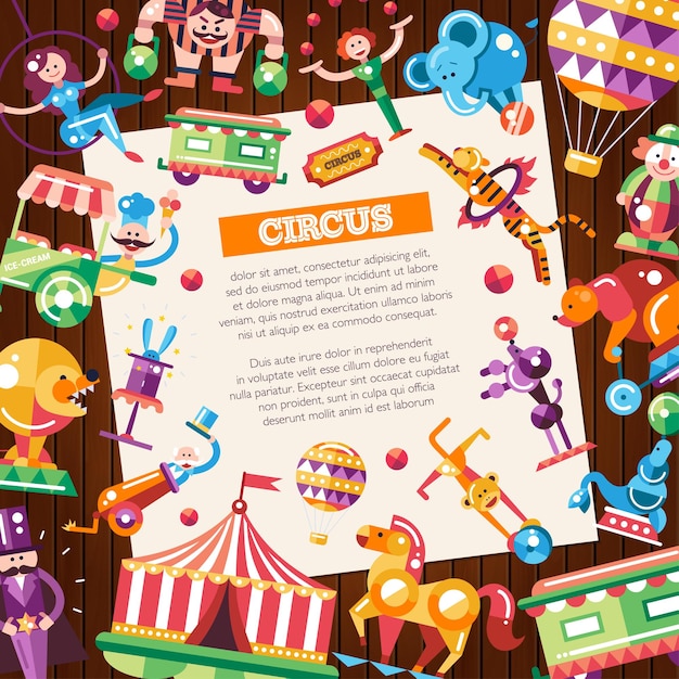 Cartão postal com ícones de circo e carnaval de design moderno plano e elementos de infográficos