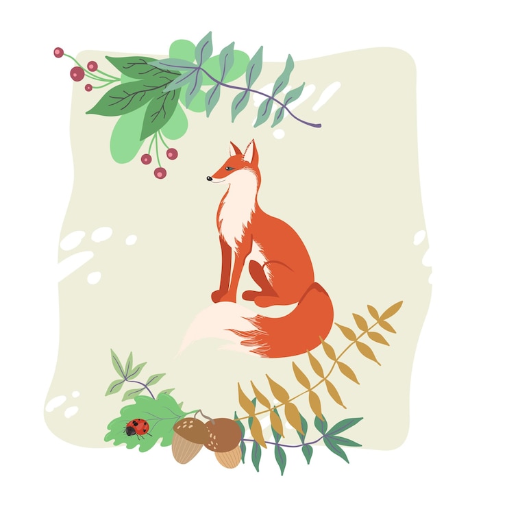 Vetor cartão postal da raposa da floresta dos desenhos animados com elementos vegetais isolados no fundo branco