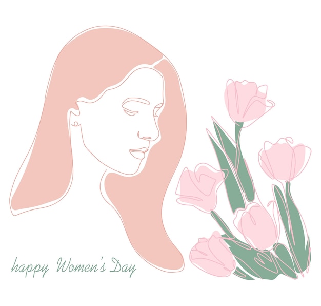 Cartão postal de banner com ilustração do Dia Internacional da Mulher de uma menina tenra com tulipas