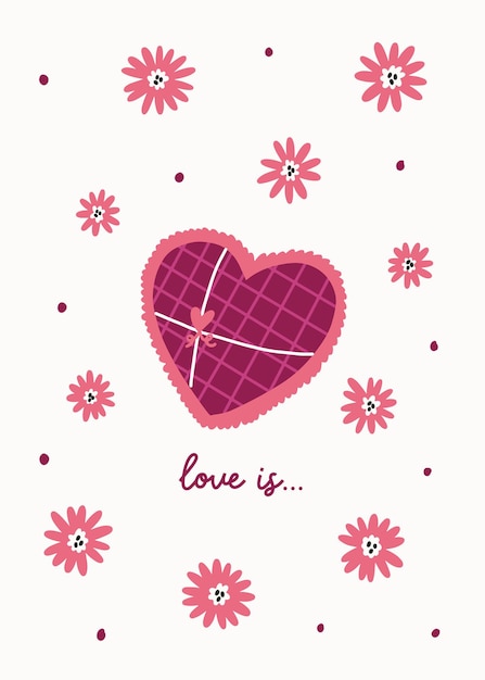 Cartão postal de dia dos namorados amor é amor de texto de letras. vector ilustrado mão desenhada doodle chocolates de caixa de presente em forma de coração com flores. cartão digital de saudação romântica