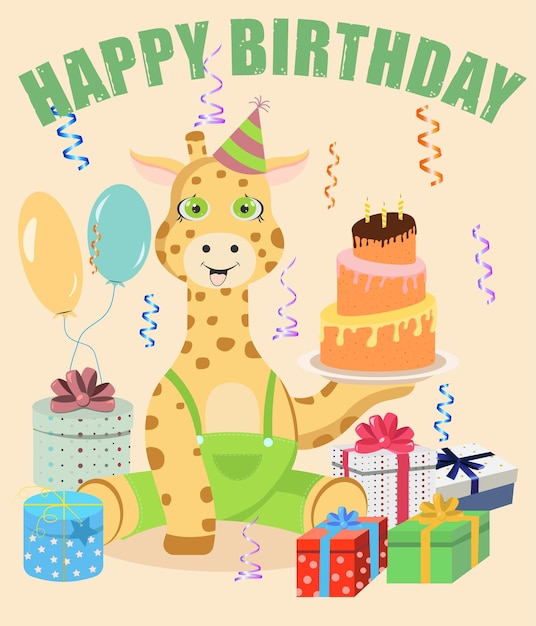Cartão postal de feliz aniversário com ilustração vetorial de girafa em estilo cartoon