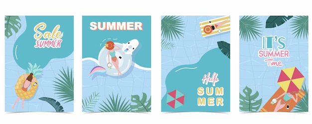 cartão postal de festa de verão com piscina e praia para design vertical a4