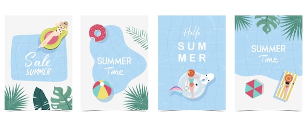 Cartão postal de horário de verão de festa com piscina e praia no fundo do dia