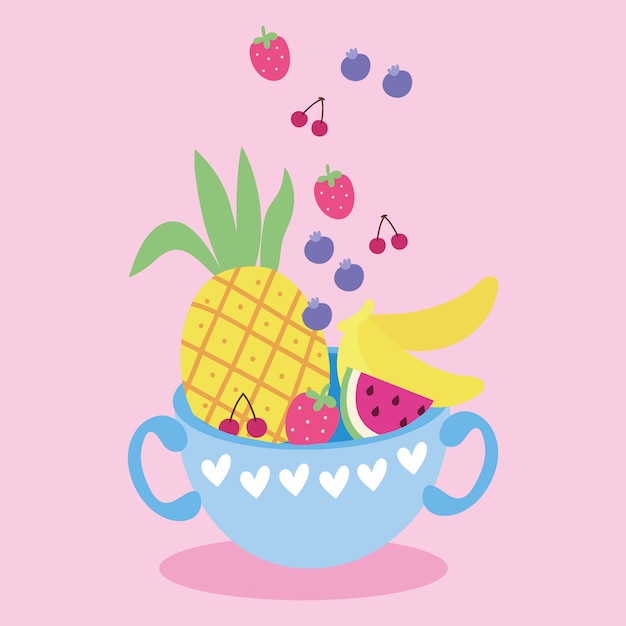 Cartão postal de kawaii bonito com frutas na xícara