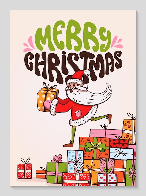 Cartão postal de Natal com um Pai Natal engraçado e muitos presentes escritos à mão com letras groovy Doodle