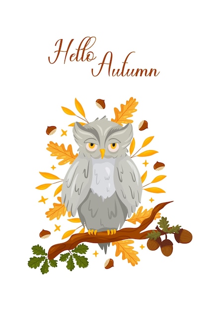Cartão postal de outono com coruja em bolotas e folhas de galho