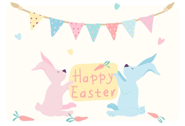 Vetor cartão postal de páscoa com coelhos e tipografia guirlanda desenhada à mão com coelhos e cenouras