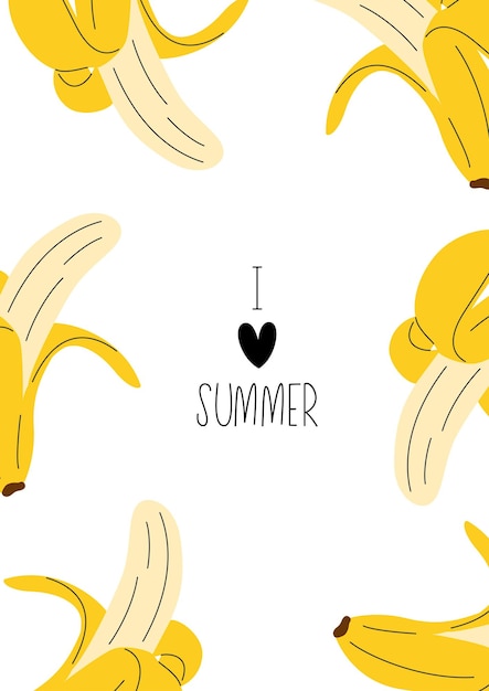 Cartão postal desenhado à mão com bananas doodle para o verão