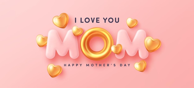 Cartão postal do dia das mães com palavra mãe e coração dourado bonito em fundo rosa