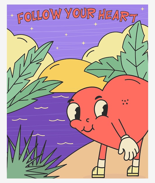Cartão postal em estilo de desenho animado com um coração de personagem bonito