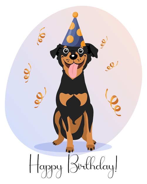Cartão postal feliz aniversário, um cão alegre em um boné festivo e serpentinas douradas. Ilustração