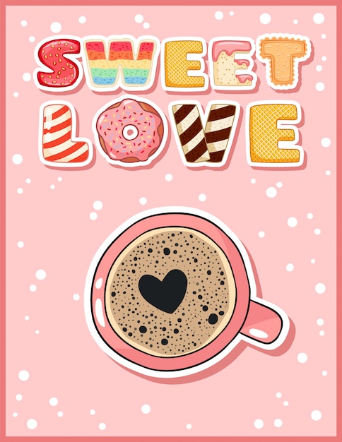 Cartão postal fofo engraçado de amor doce com café