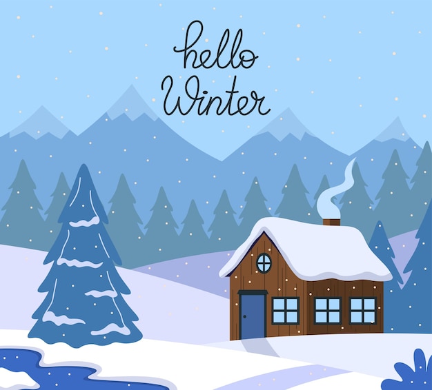 Cartão postal Olá inverno com cabine e paisagem para ilustração vetorial de saudação em estilo simples