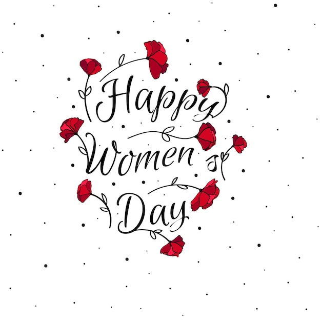 Cartão postal para mulheres. modelo feliz dia da mulher com flores vermelhas. prêmio de ilustração vetorial de estoque