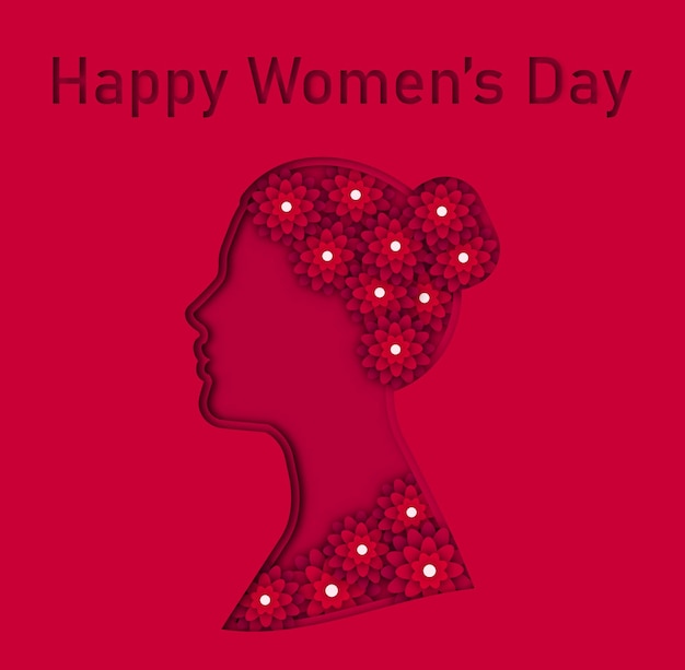 Vetor cartão postal para o dia internacional da mulher, 8 de março, silhueta recortada de mulher e flores vermelhas