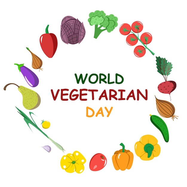 Cartão postal vetorial do dia mundial do vegetariano em uma comida de estilo plano em um círculo ao redor