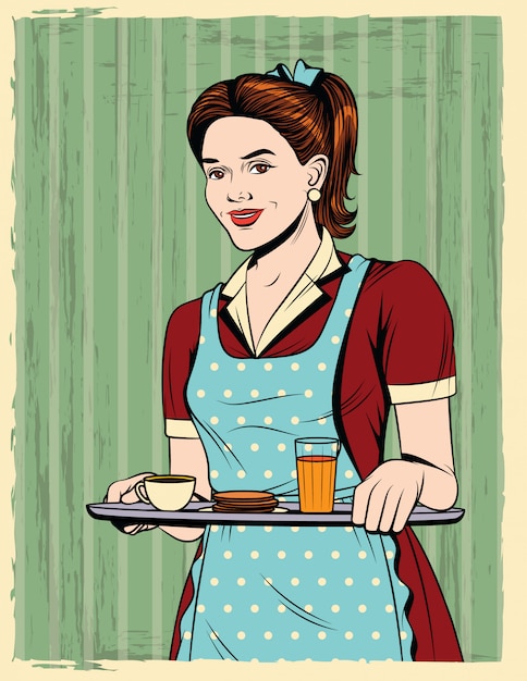 Vetor cartão postal vintage com jovem de avental, servindo um café da manhã