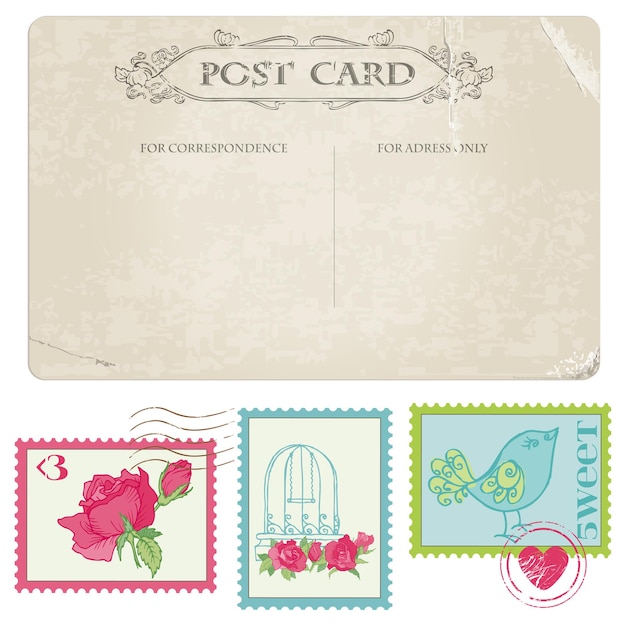 Vetor cartão postal vintage e selos postais - para design de casamento