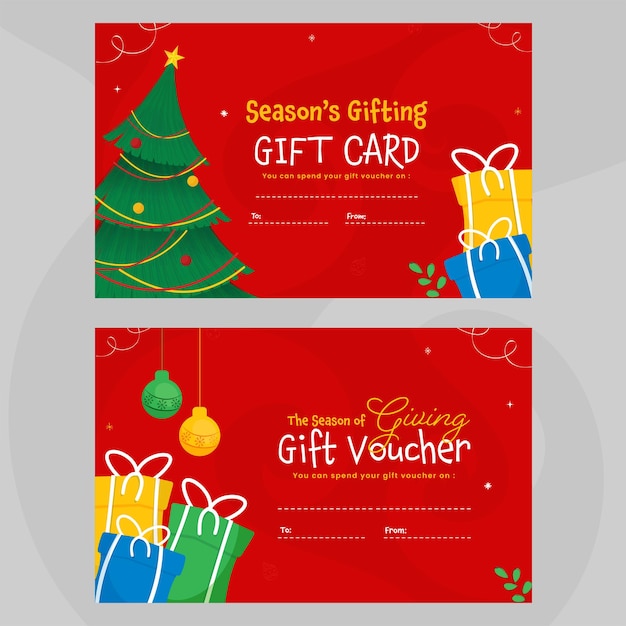 Cartão-presente da temporada ou voucher definido com árvore de Natal, enfeites pendurar e caixas de presente na cor vermelha.