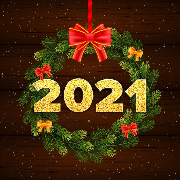 Cartão-presente de natal feliz ano novo de 2021 com coroa de ramos de árvore de abeto