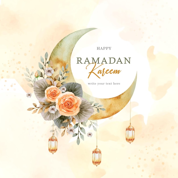 Cartão ramadan kareem com ornamento de lua crescente e fundo floral